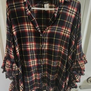 Multicolor Plaid Button-Down Shirt with Ruffle Sleeves, Oversized And Flowy